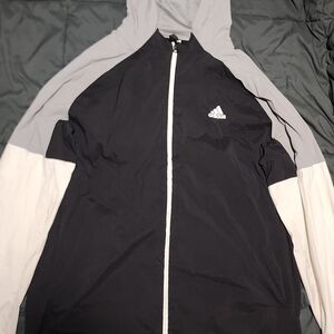 Adidas Black and White Windbreaker with Hood and Sporty Design